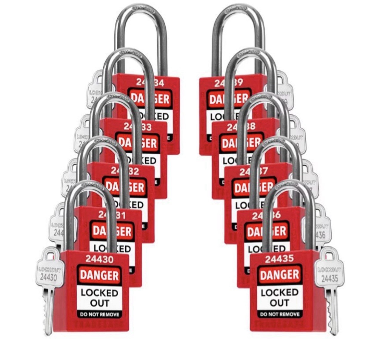 TRADESAFE Lockout Locks, 10 Red Loto Locks Keyed Different, 1 Key Each