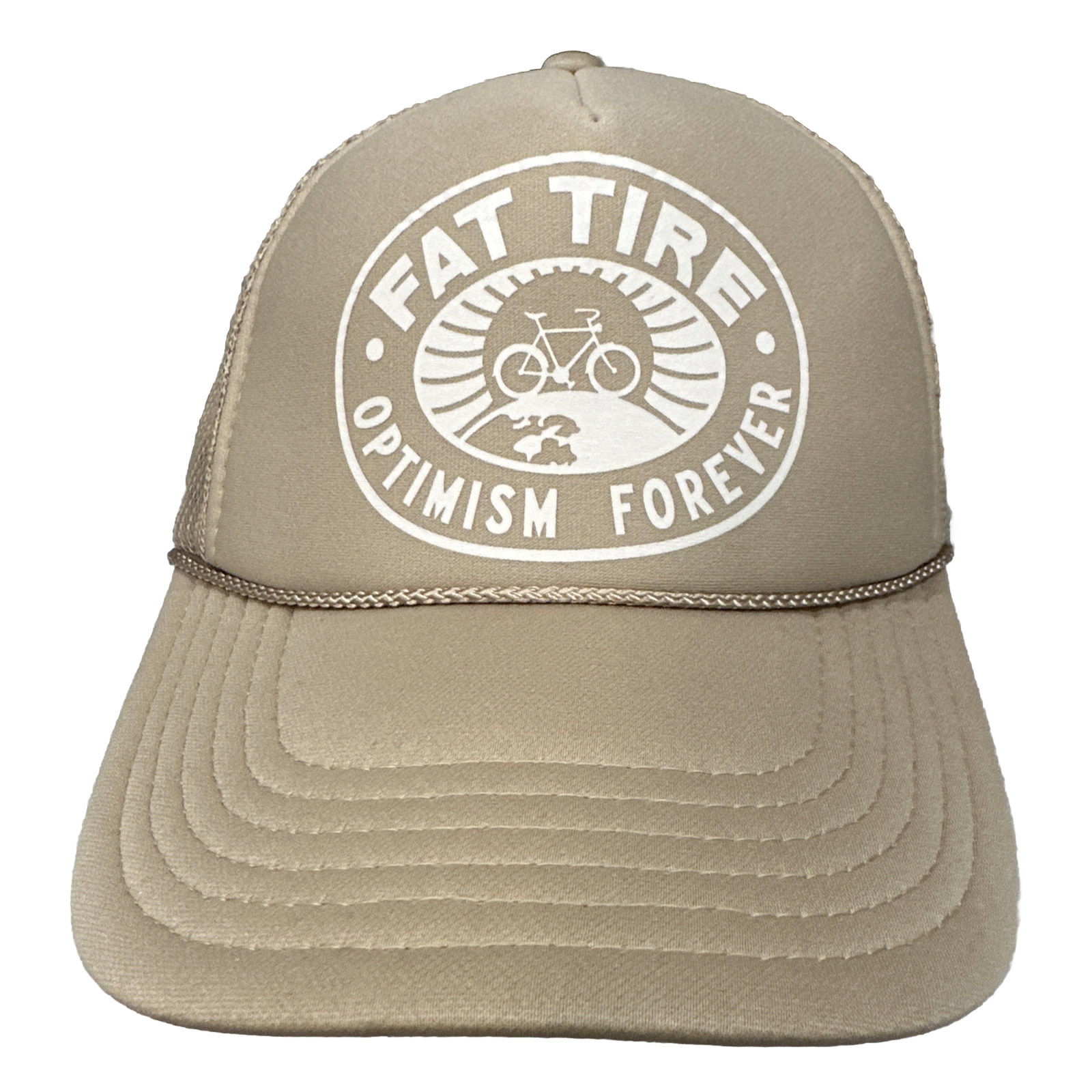 Fat Tire beer Logo Trucker Foam Hat Cap Tan with White Fabric Mesh Otto Brand