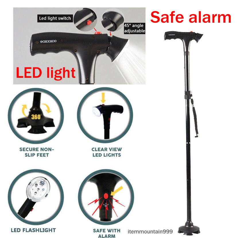 Elder Folding Walking Stick Walking Cane Height Adjustable Torch LED Light Alarm