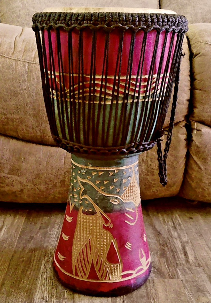 Djembe Drum Full Size African Handmade Carved 21" Tall 11" Surface - Excellent