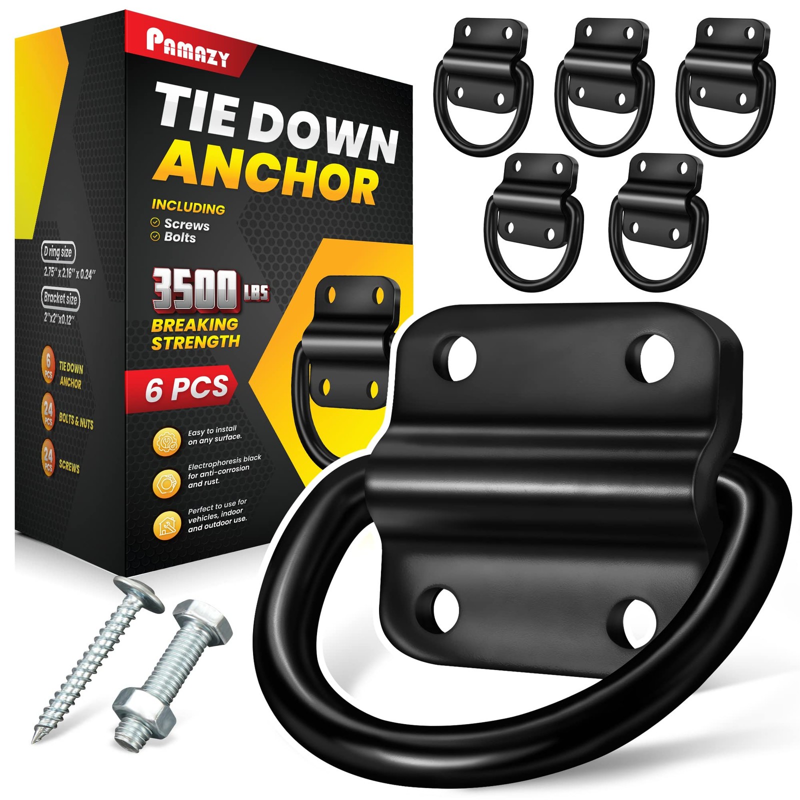 PAMAZY 6PCS Heavy Duty Steel D Rings Tie Down Anchors, Ultra Durable 3500 Pou...