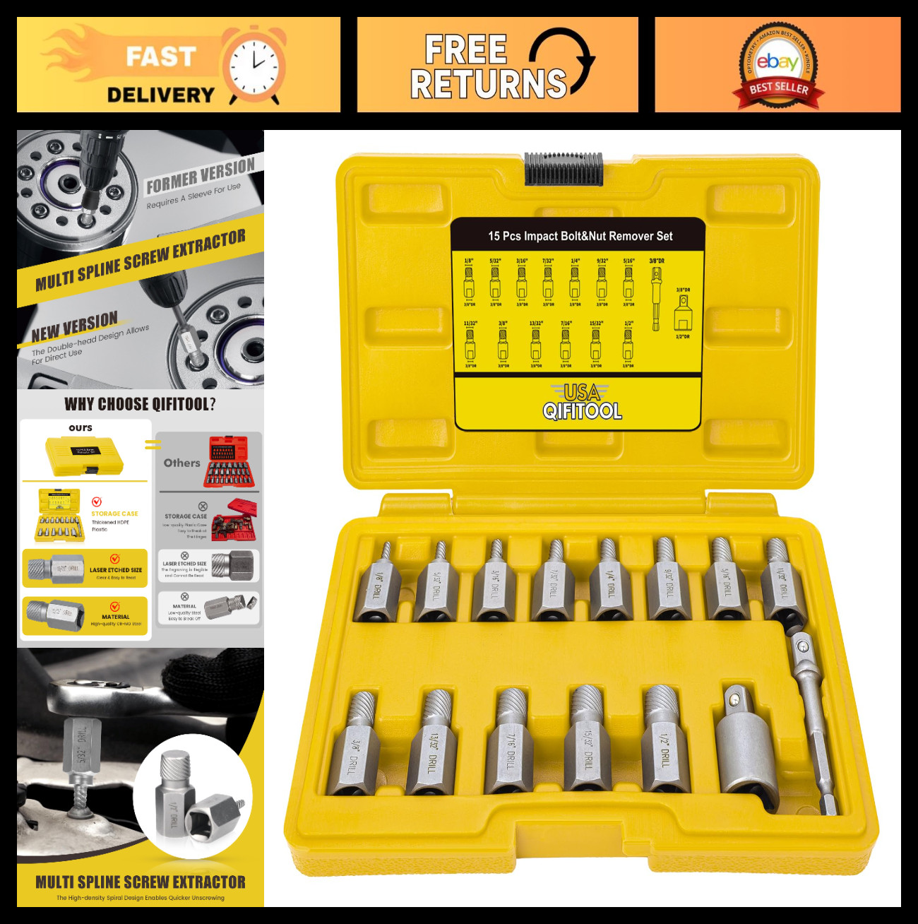 15 PCS Screw Extractor Set - Hex Head Easy Out Tool for Stripped Rusted Bolts &