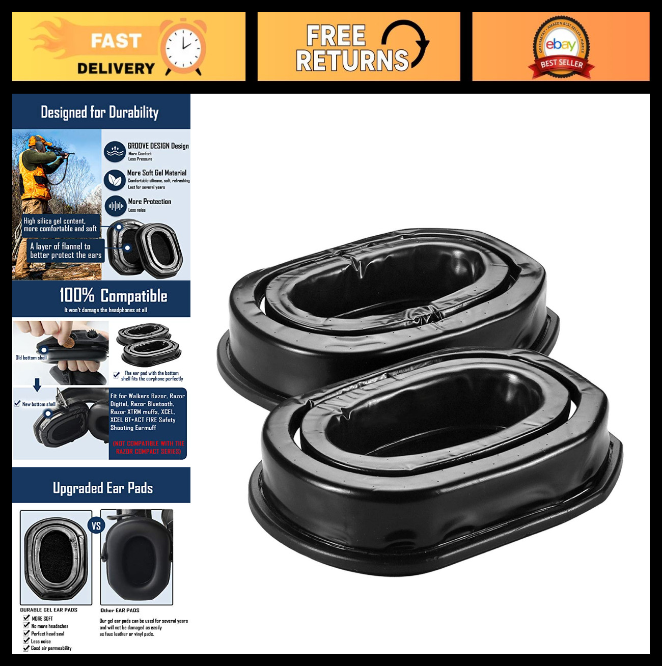 Upgraded Gel Ear Pads for Walker's Razor Earmuffs - Soft, Comfortable Replacemen
