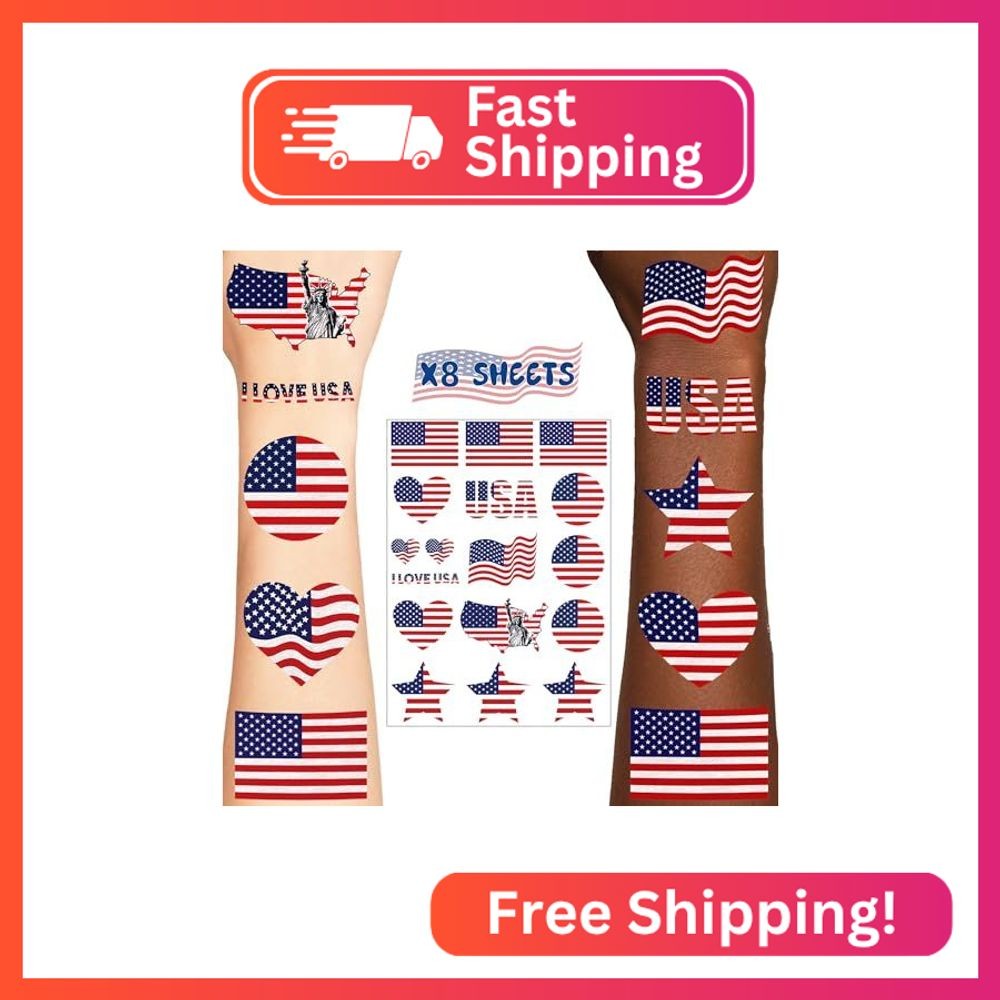 136 PCSAmerican Flag Temporary Tattoos, Patriotic Red White Blue Tattoo Stickers