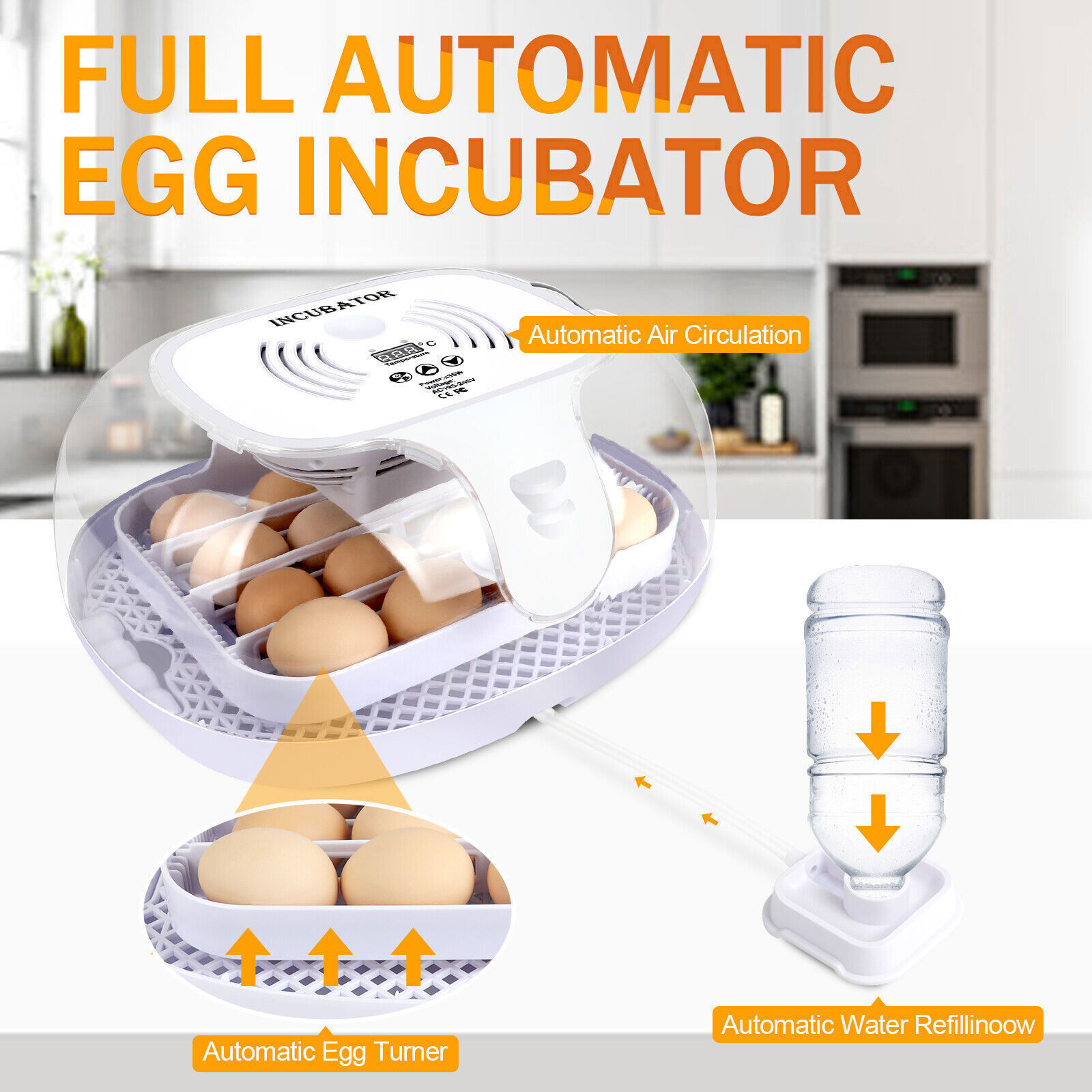 16 Eggs Incubator for Hatching Chicken Duck w/ Auto Egg Turning & Water Adding