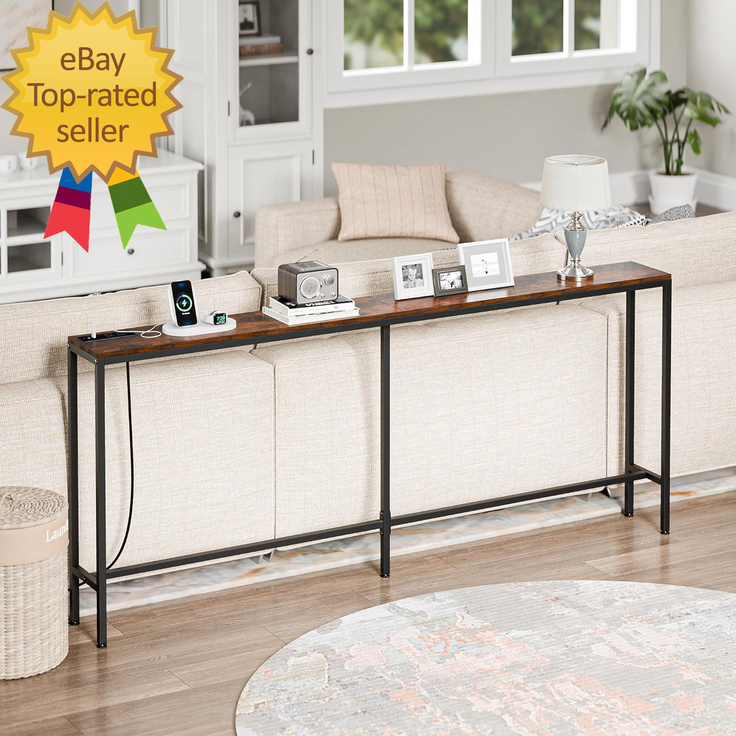 70.8 Inch Narrow Console Table with Power Outlet Industrial Long Sofa Table with
