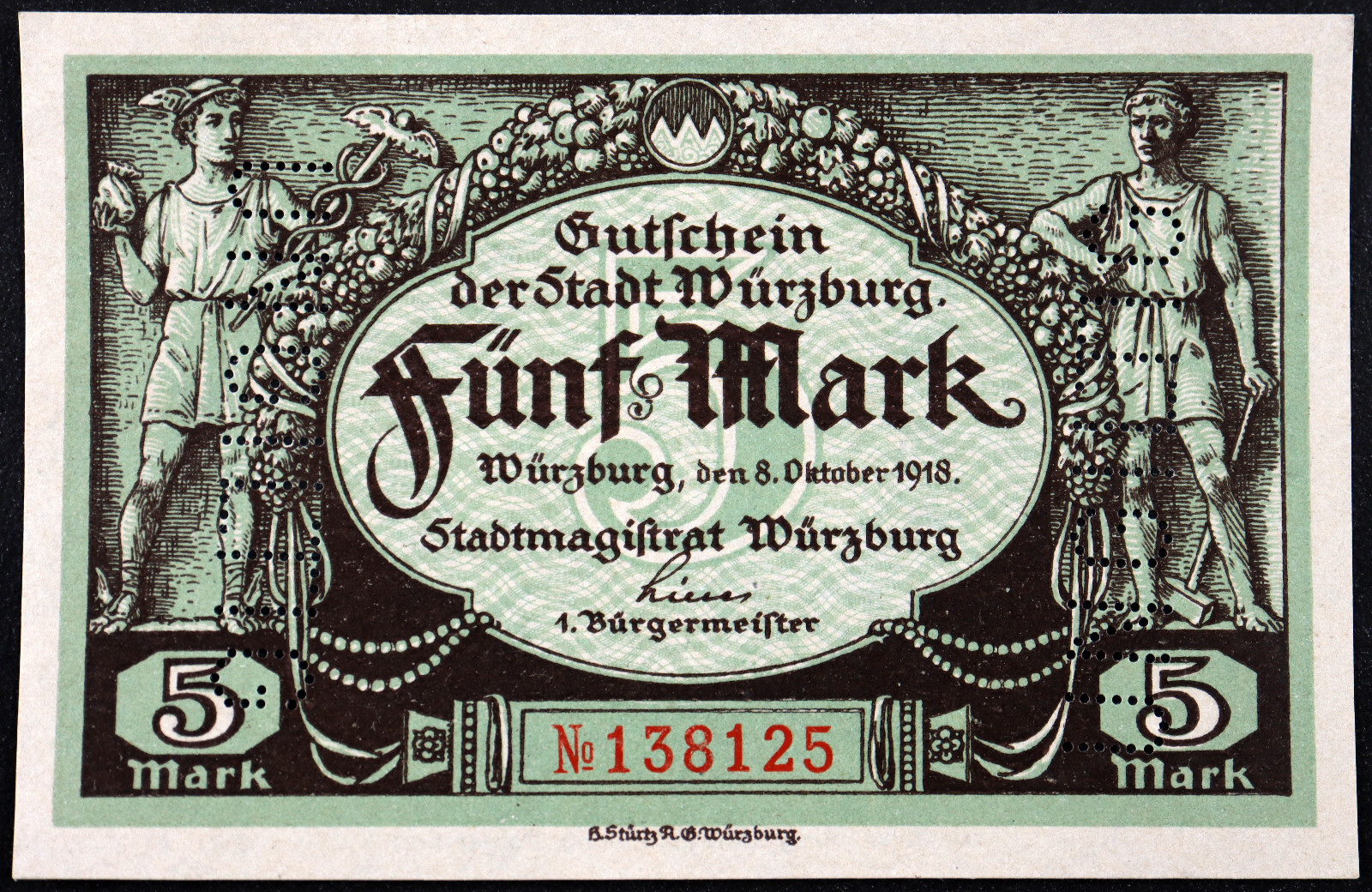 WÜRZBURG 1918 RARE Original Issue 5 Mark Grossnotgeld German Notgeld Banknote