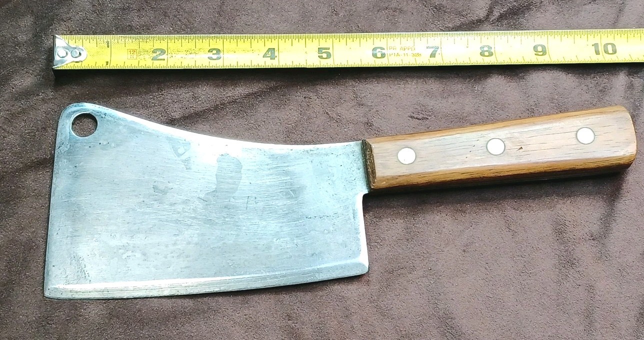Vtg Very Nice Well Balanced 5.5" Carbon Steel Cleaver, W/ Wood Scales, Unbranded
