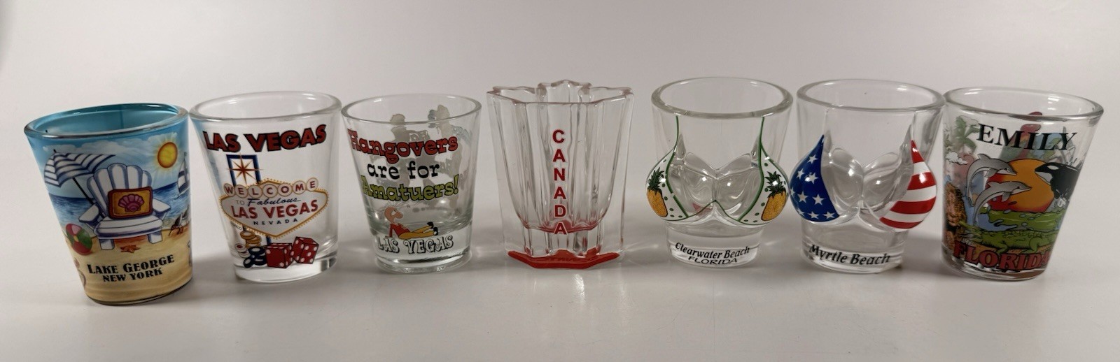 Lot 7 Souvenir Shot Glasses Las Vegas Florida Myrtle Beach Canada Lake George