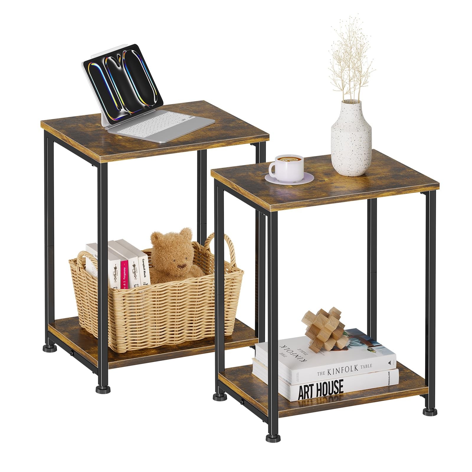 2 PCS End Table Side Table Nightstand Living Room Sofa Table Rustic Brown