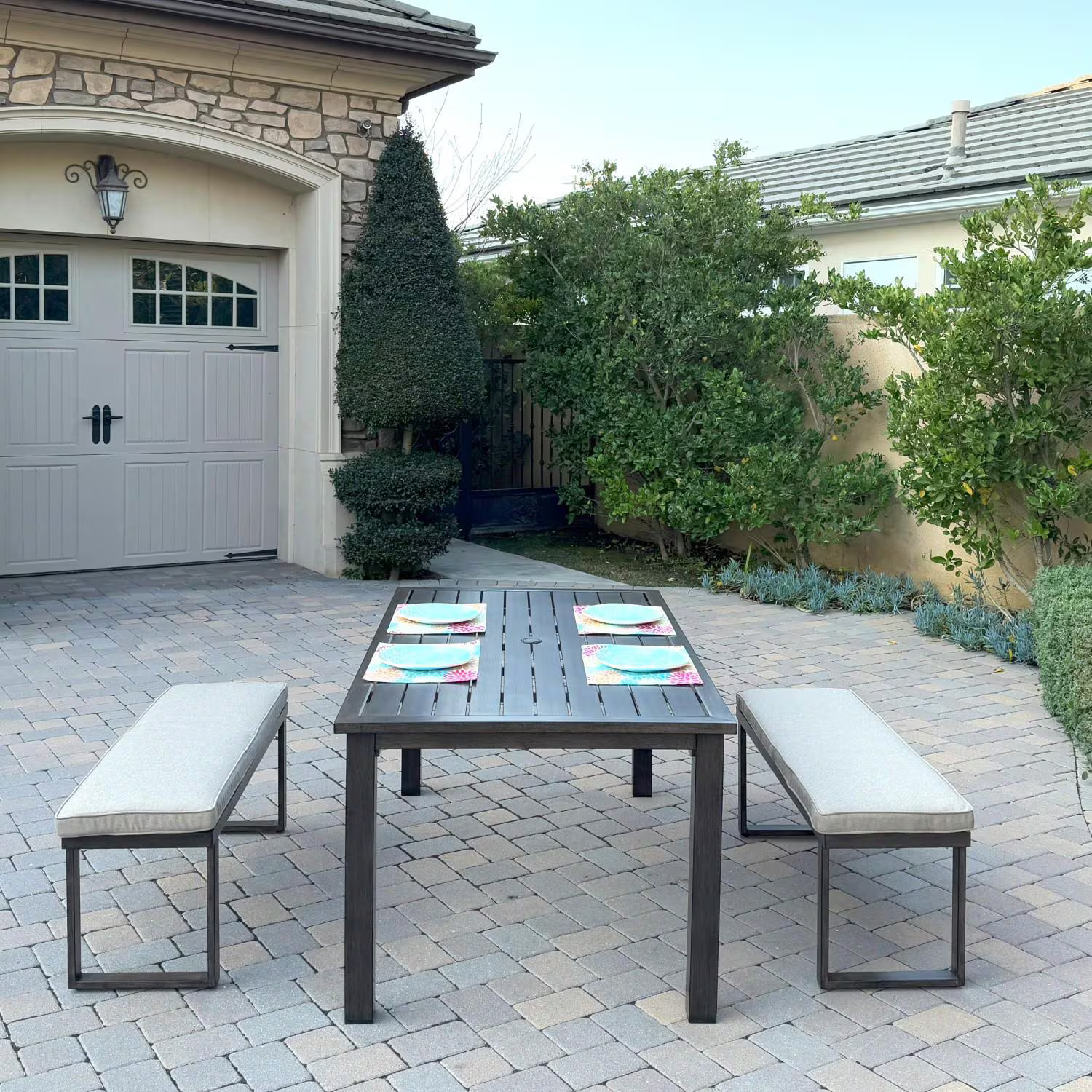 Atlantis 3 Pc Aluminum Dining Set 2 Two Person Benches in Walnut/Beige by Darlee