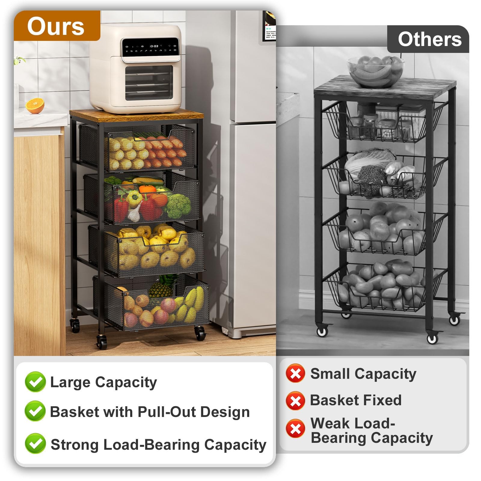Kitchen Rolling Cart with Drawers, 4-Tier Fruit Vegetable Storage Cart on Whe...