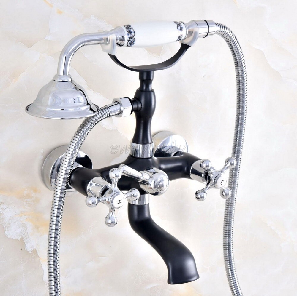 Chrome & Black Brass Wall Mount Bathroom Clawfoot Tub Filler Faucet Handshower