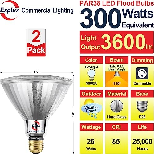 Explux 300 Watt Equivalent PAR38 LED 2 Pack 300w Equivalent 5000k Daylight