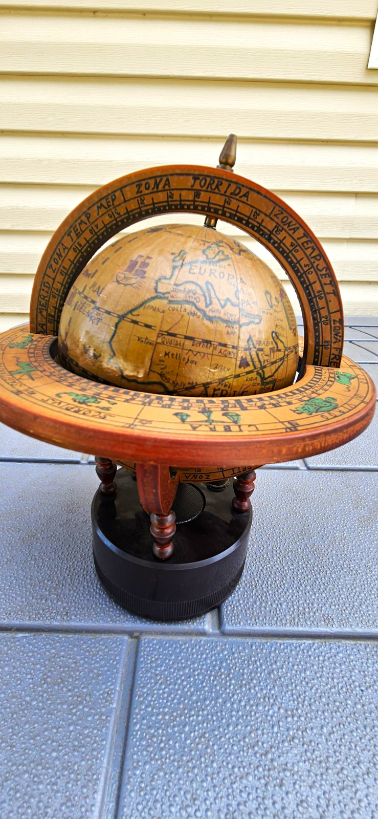 Vintage Italian Tabletop Spinning Zodiac Globe, Wood, AM Transistor Radio Works