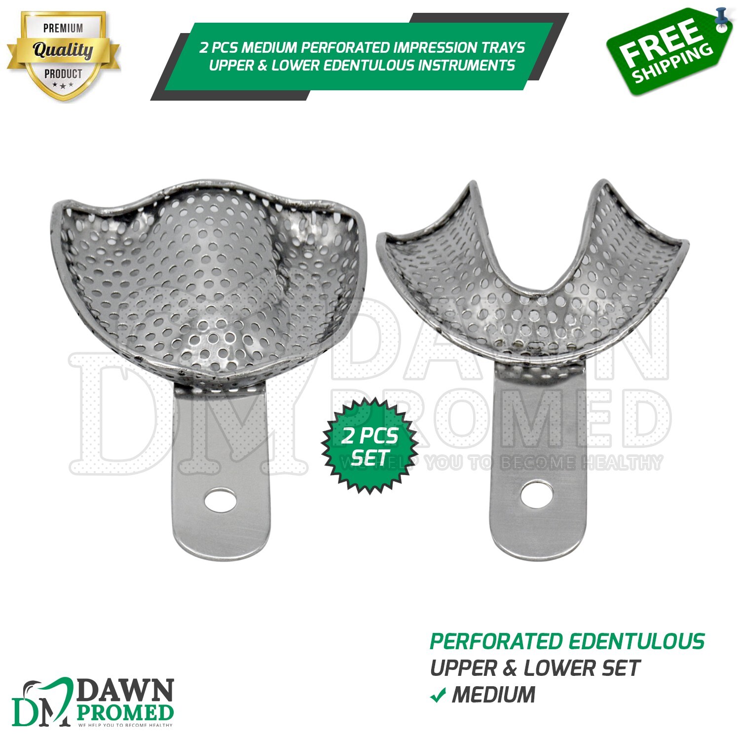 2 Pcs Medium Perforated Impression Trays Upper & Lower Edentulous Inst German Gr
