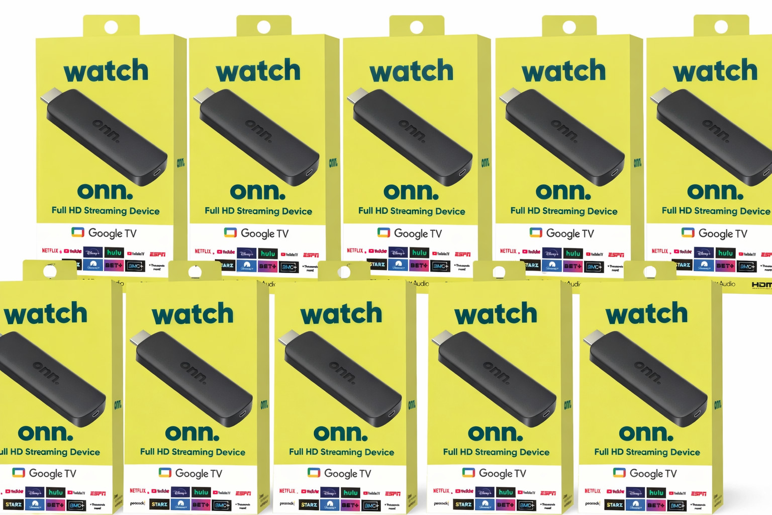 10 Pack - Onn Full HD Streaming Device, Google TV , 8GB Storage, 1.5GB RAM - NEW