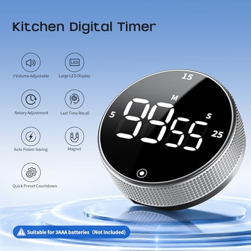 Digital Kitchen Timer, Magnetic, Large LED Display, Countdown/Count Up, 3 Preset