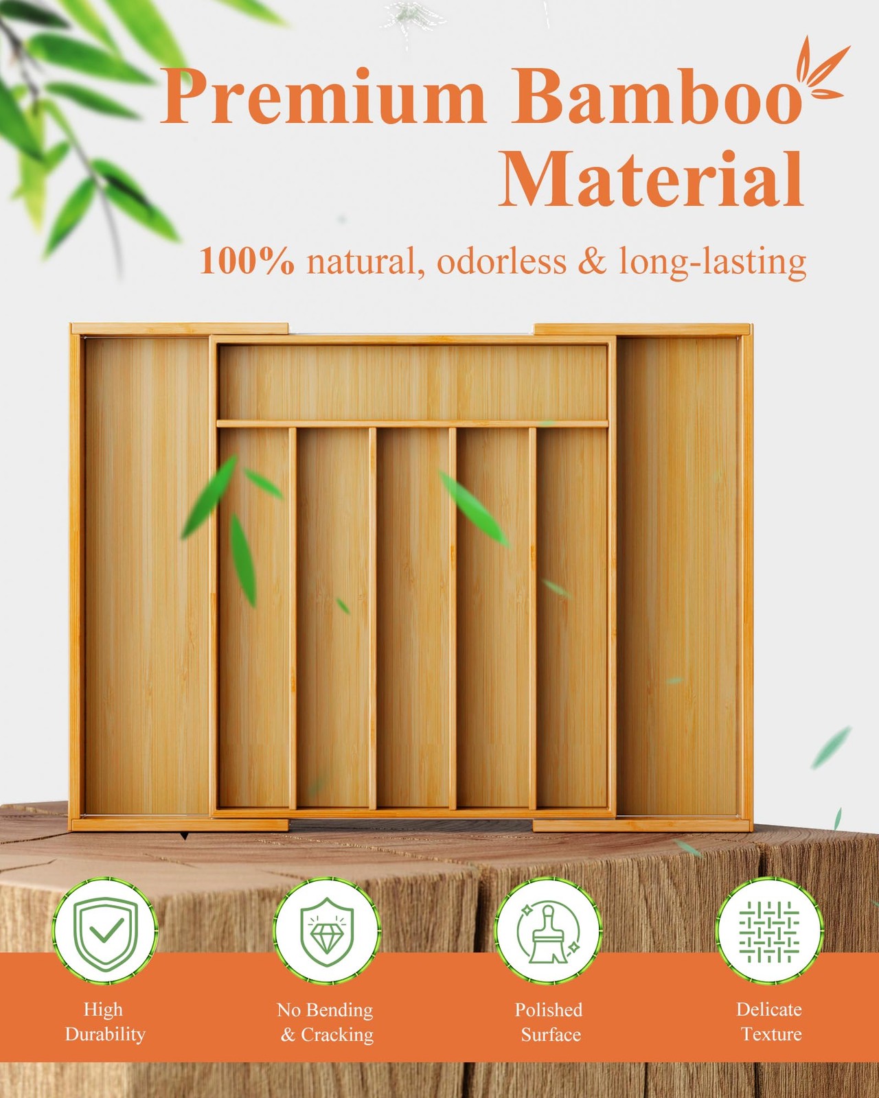 Kitsure Large Bamboo Silverware Organizer - Expandable Extra Large, Natural