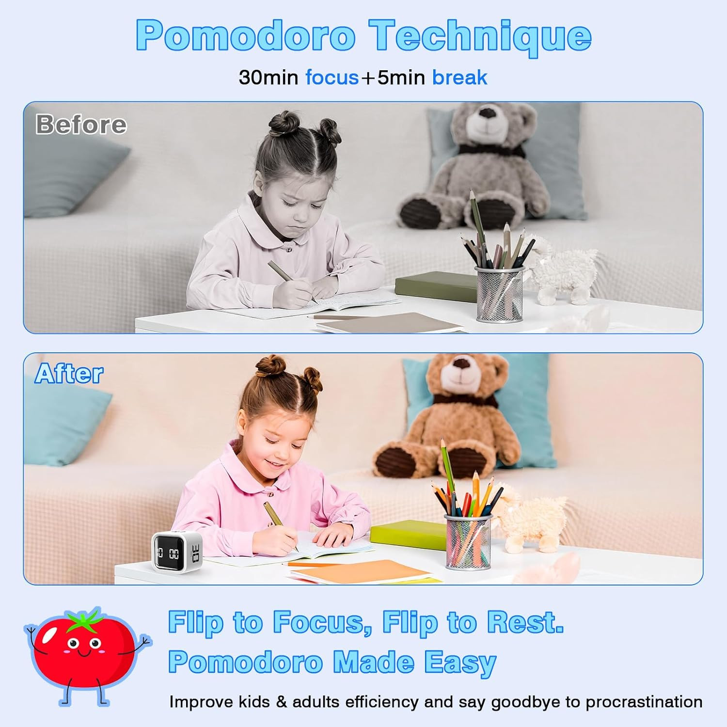 Cube Pomodoro Timer, Smart Productivity Timer 5/10/30/60 Minutes & Custom