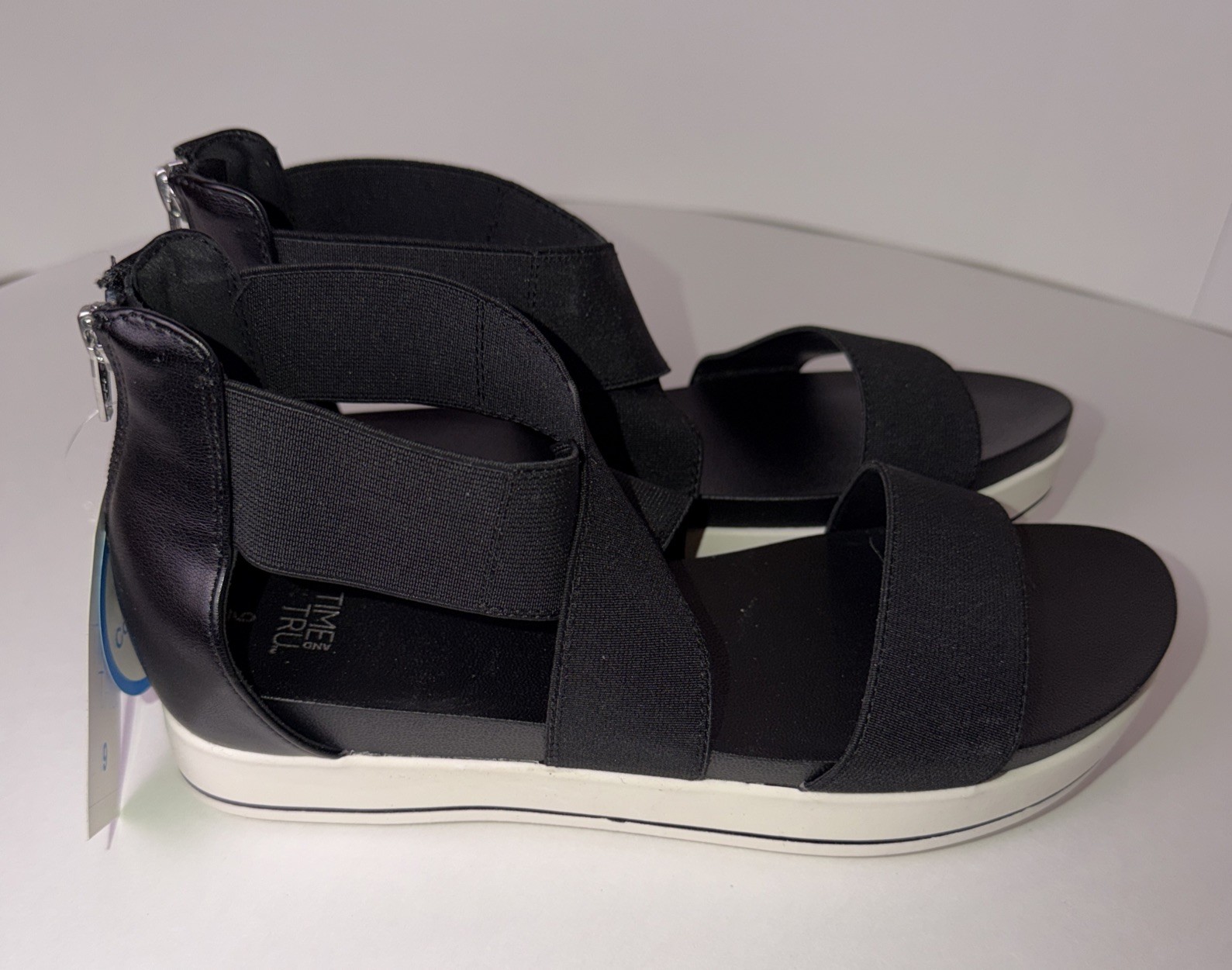 Time and Tru Women’s Comfort Wedge Sandals Sz 9 Black Zip Closure Elastic Straps