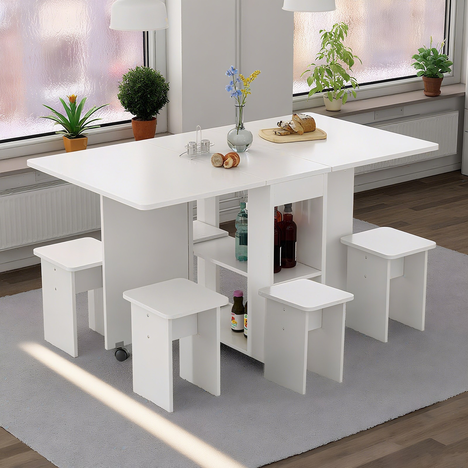 Folding Dining Table Set 4 Chairs, Space Saving with Storage & Wheels, White