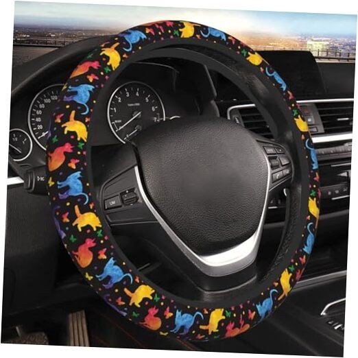 Colorful Cat Butterfly Cute Fun Steering Wheel Cover for Women Men Girls Car 2