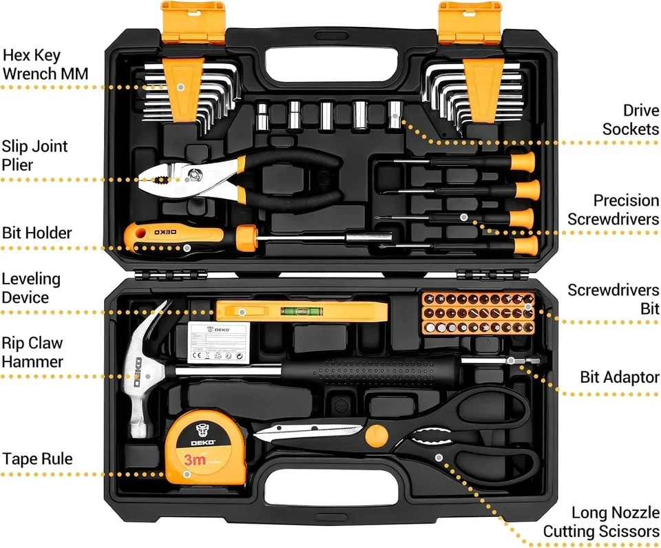62-Piece Household Tool Set：Small Basic Home Tool Kit with Plastic Toolbox, H...