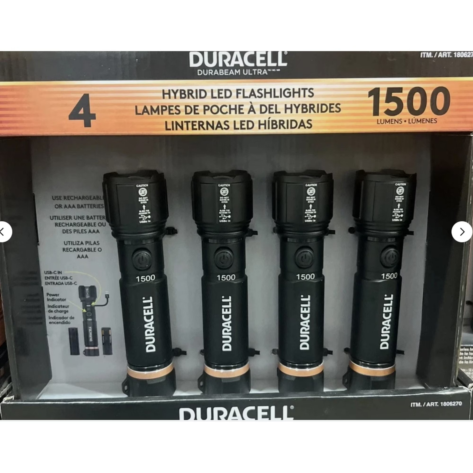 Duracell Durabeam Ultra Hybrid LED Flashlights 1500 Lumens Set of 4 USB-C/AAA