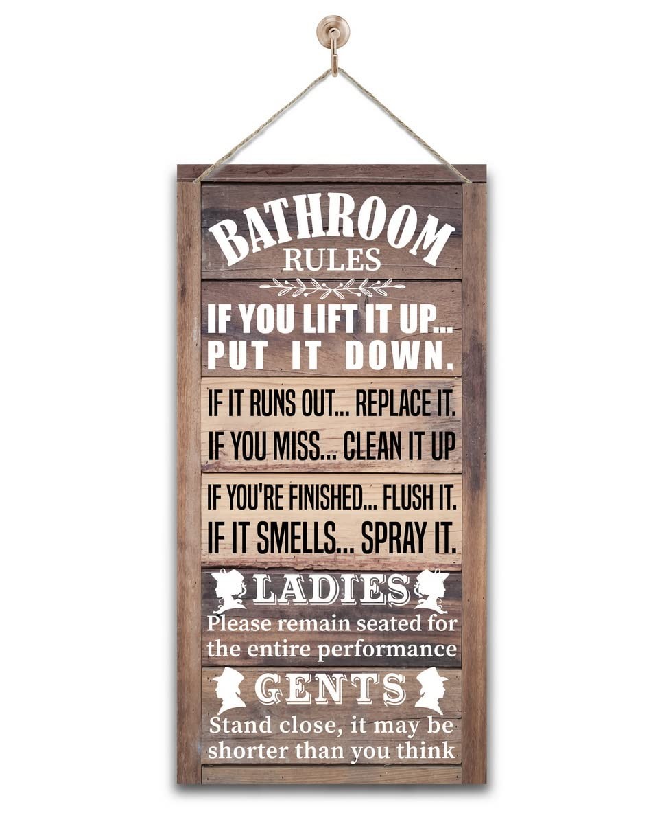 Funny Bathroom Rules Sign - Rustic Bathroom Decor for Farmhouse, Western & Count