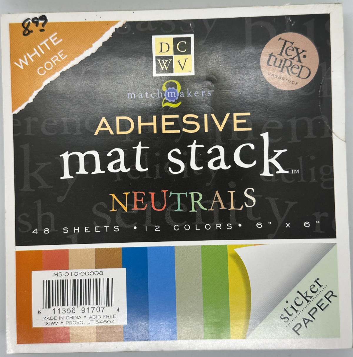 DCWV MATCHMAKER ADHESIVE MAT STACK NEUTRAL COLORS 48 SHEETS 12 COLORS 6" X 6"