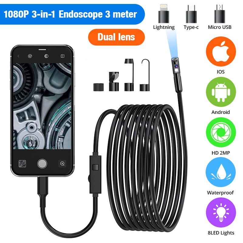 Dual Lens Endoscope 8 LED 3M IP67 Waterproof Snake Inspection Camera