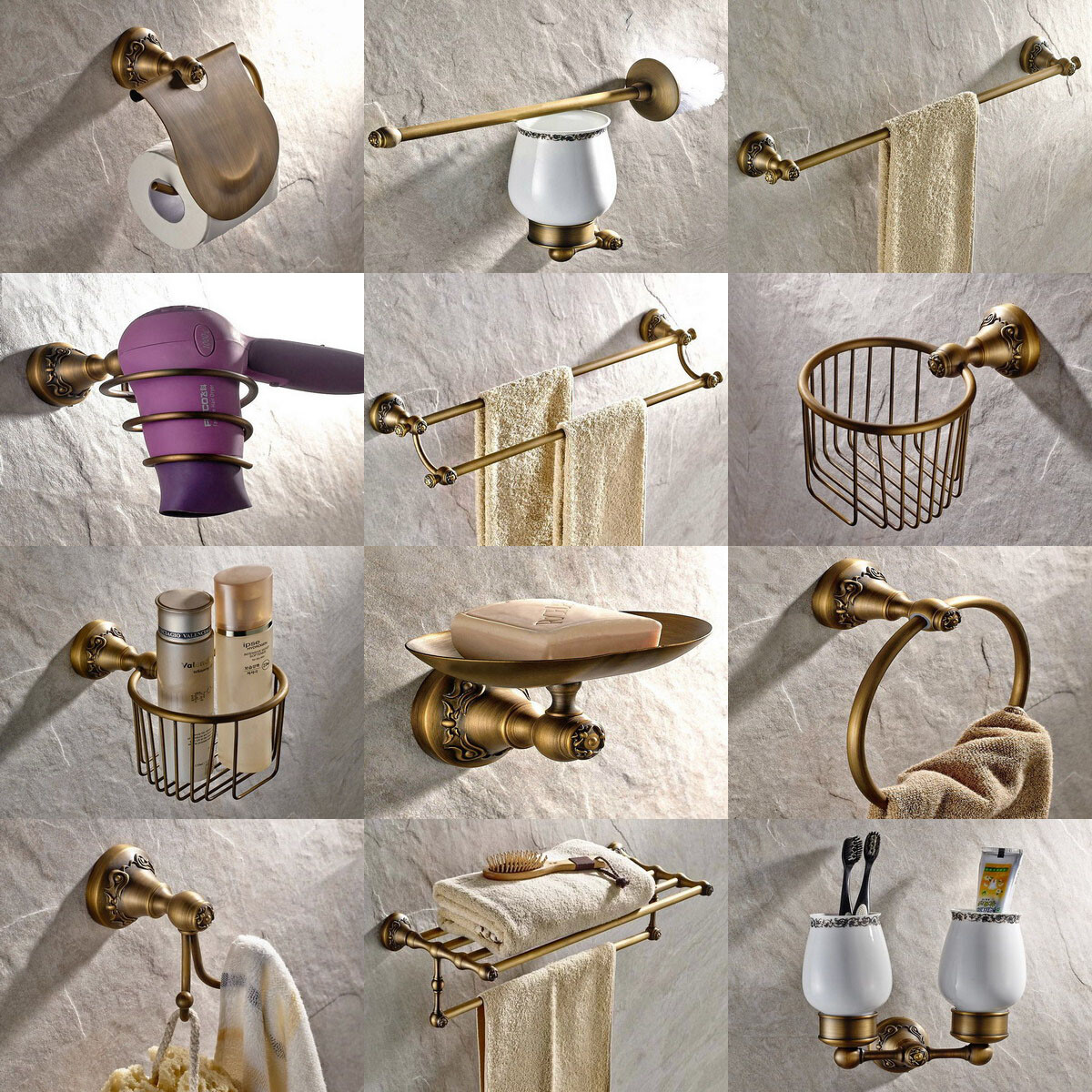 Antique Brass Carved Bathroom Accessories Set Bath Hardware Towel Bar fset010