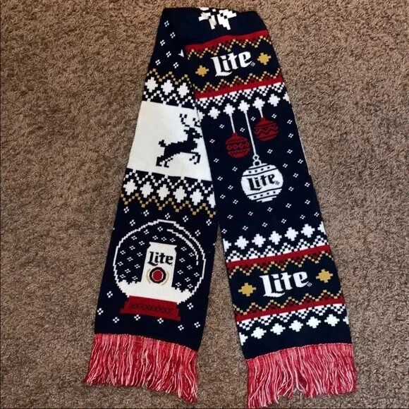 Miller Lite Winter Christmas Patterned Geometric Navy Logo Scarf