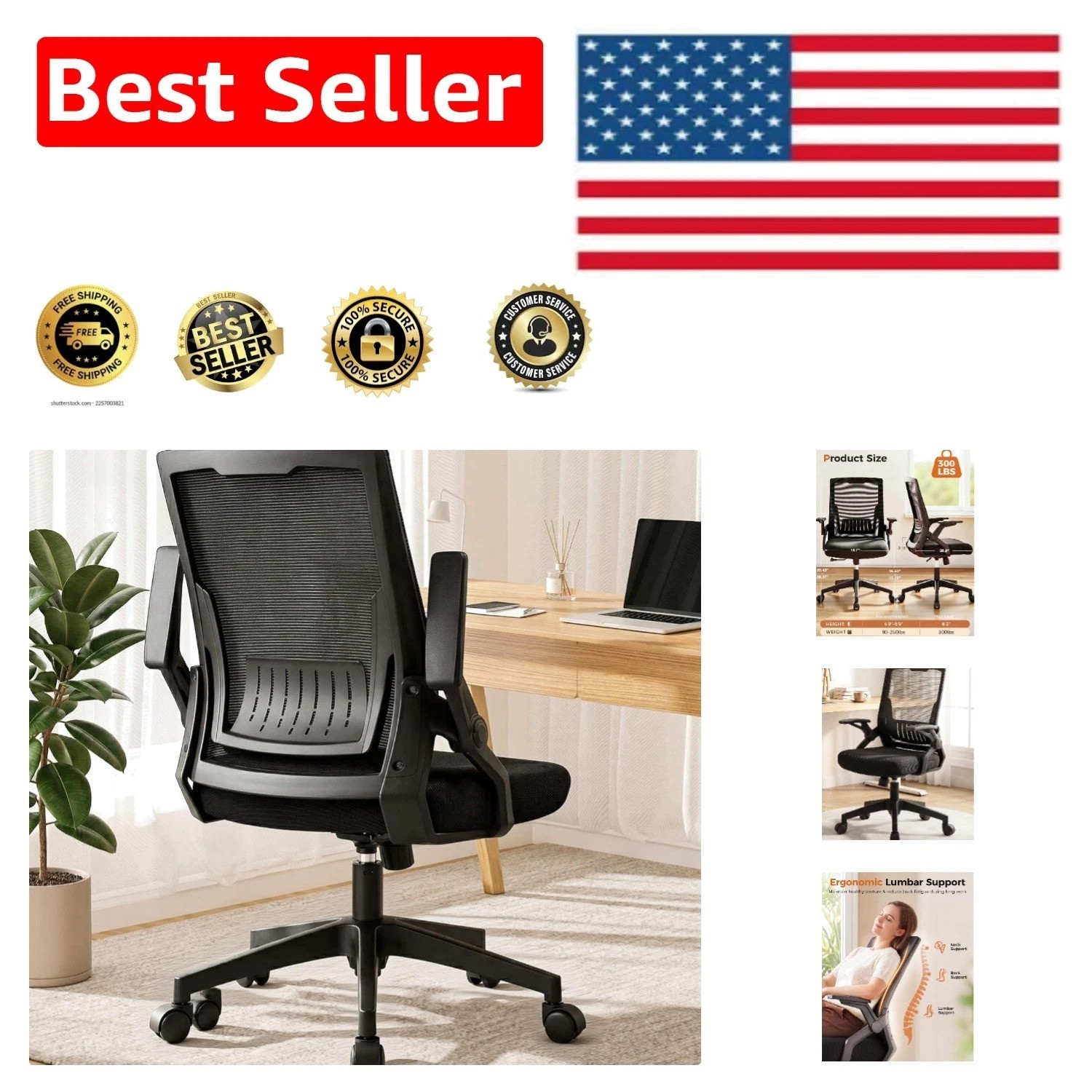 Breathable Mesh Office Chair with Lumbar Support, Flip-up Armrests & Swivel