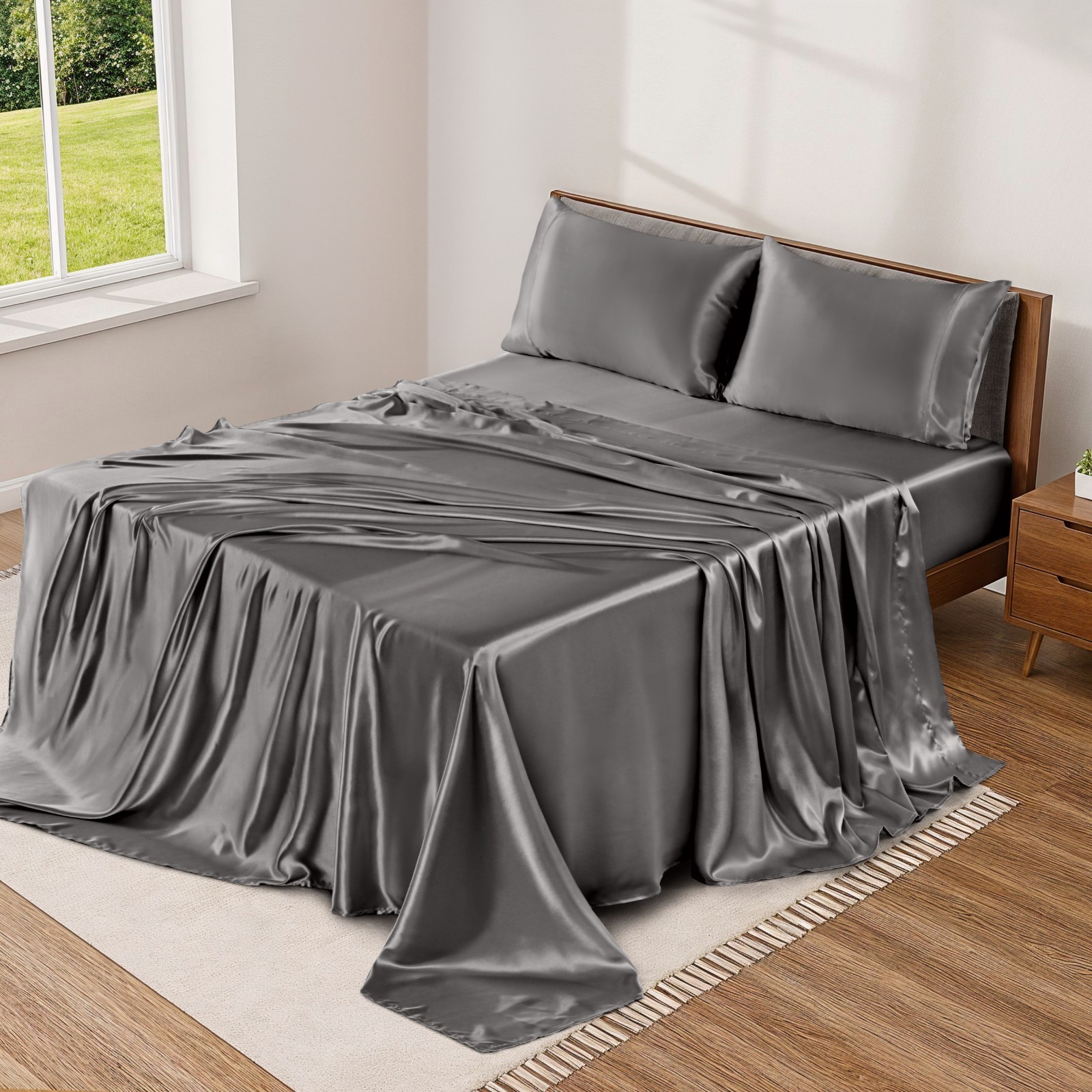 Satin Bed Sheet Set 4 Piece Silky Soft Deep Pocket Cooling Sheets Wrinkle-Free