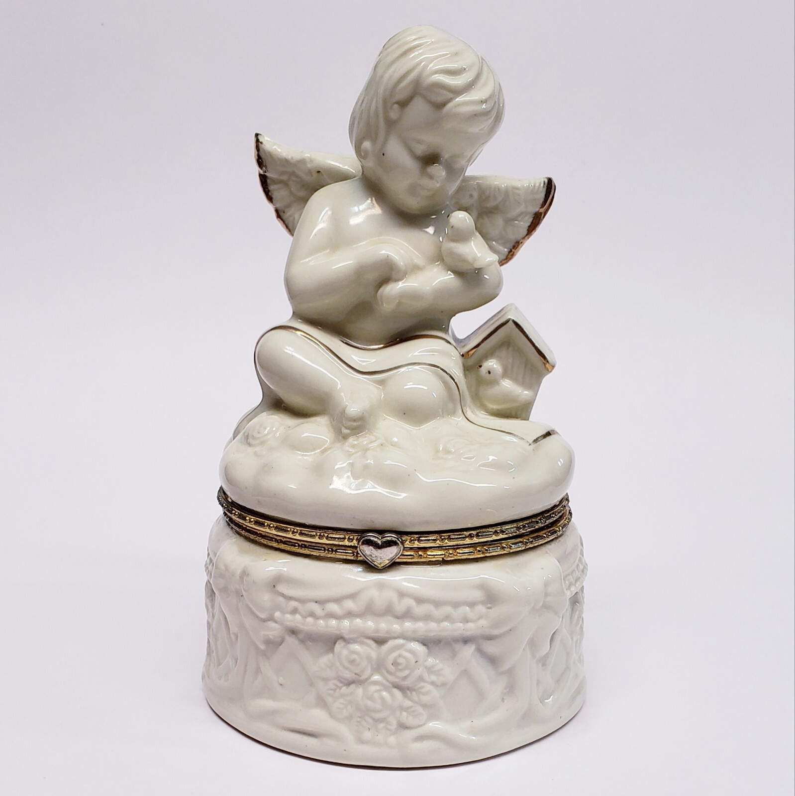 Stunning Porcelain Flowery Decorative Angel w/ Birds Jewelry/Trinket Box 6" Tall