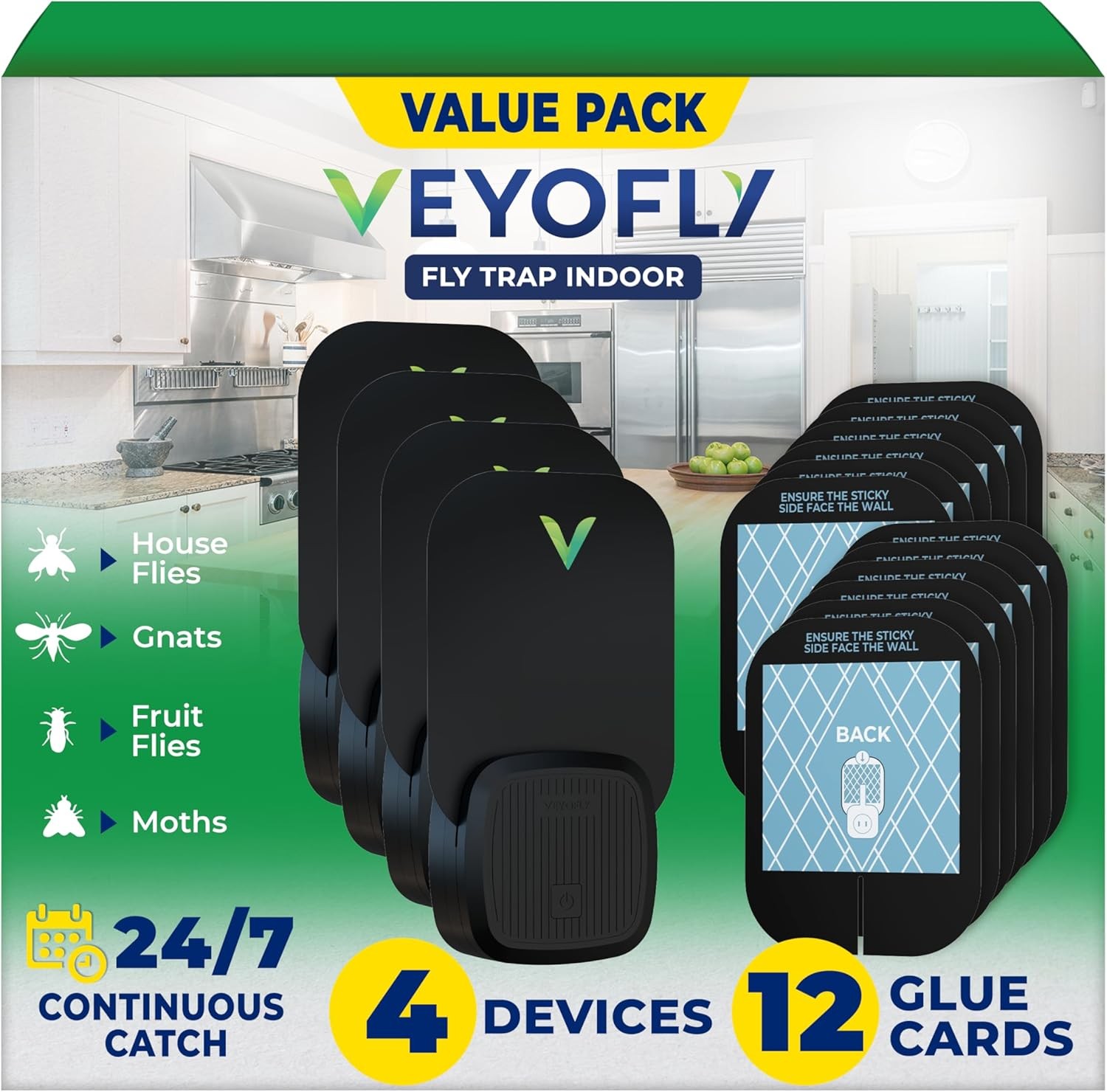 Indoor Fly Trap, VEYOFLY Fruit Fly Traps (4 Devices + 12 Refills) for Home