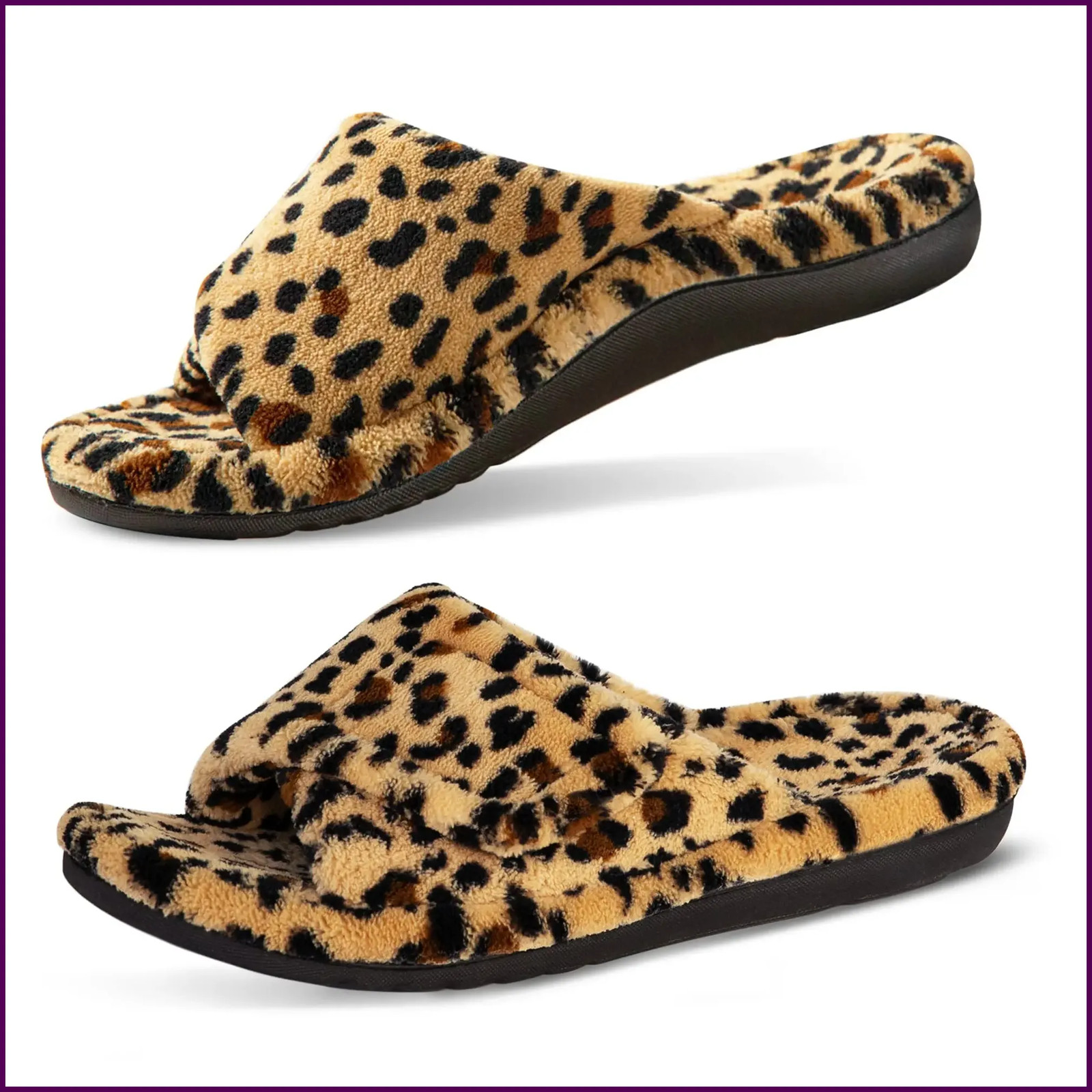 Shevalues Leopard Print Fur Women Slippers Fuzzy House Slippers Winter Open Toe