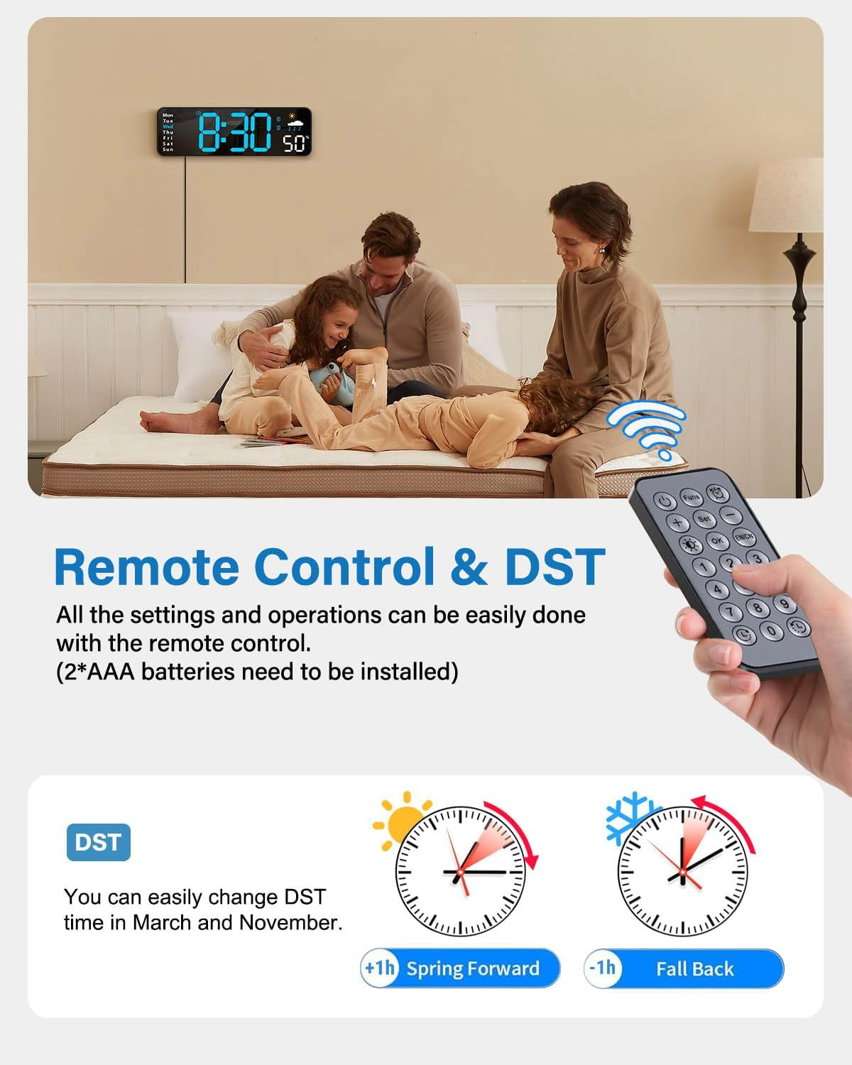 Digital Wall Clock, Digital Clock Large Display with Remote Control, Corded LED