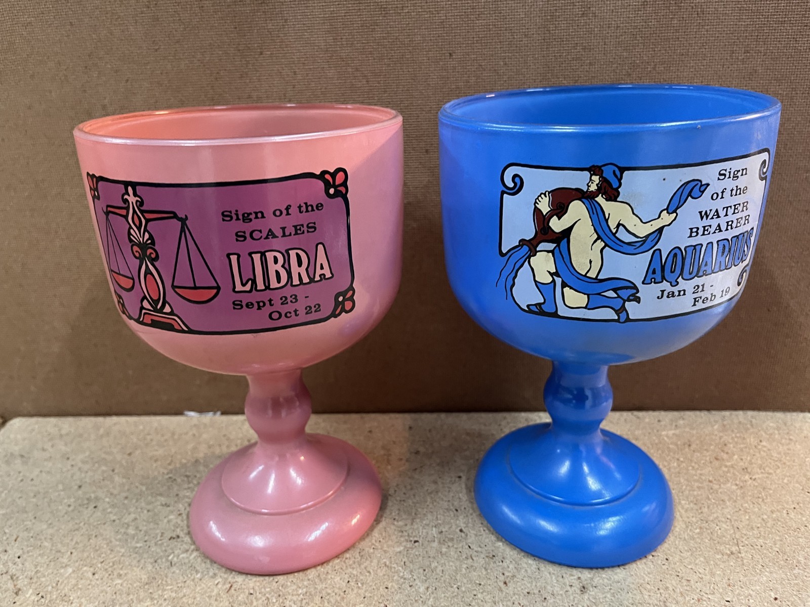 Set Aquarius Libra Zodiac Sign  8" Glass Goblets Chalices 1970s Mid Century