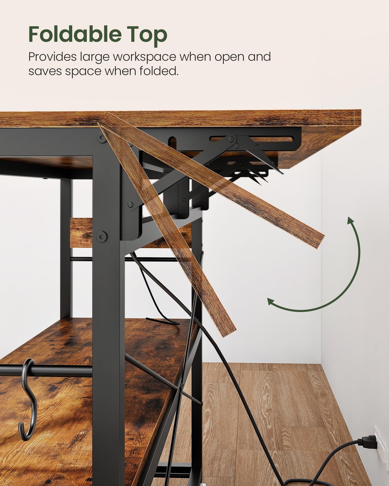 Rustic Kitchen Island with Power Outlet, Folding Top & Wine Rack, Large Size