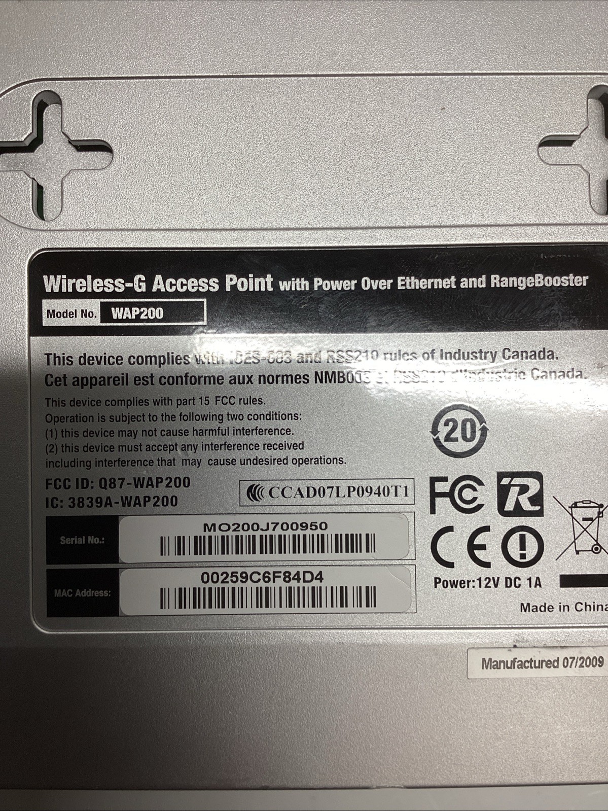 Linksys WAP200 Business Wireless-G Access Point PoE Range booster. T-616
