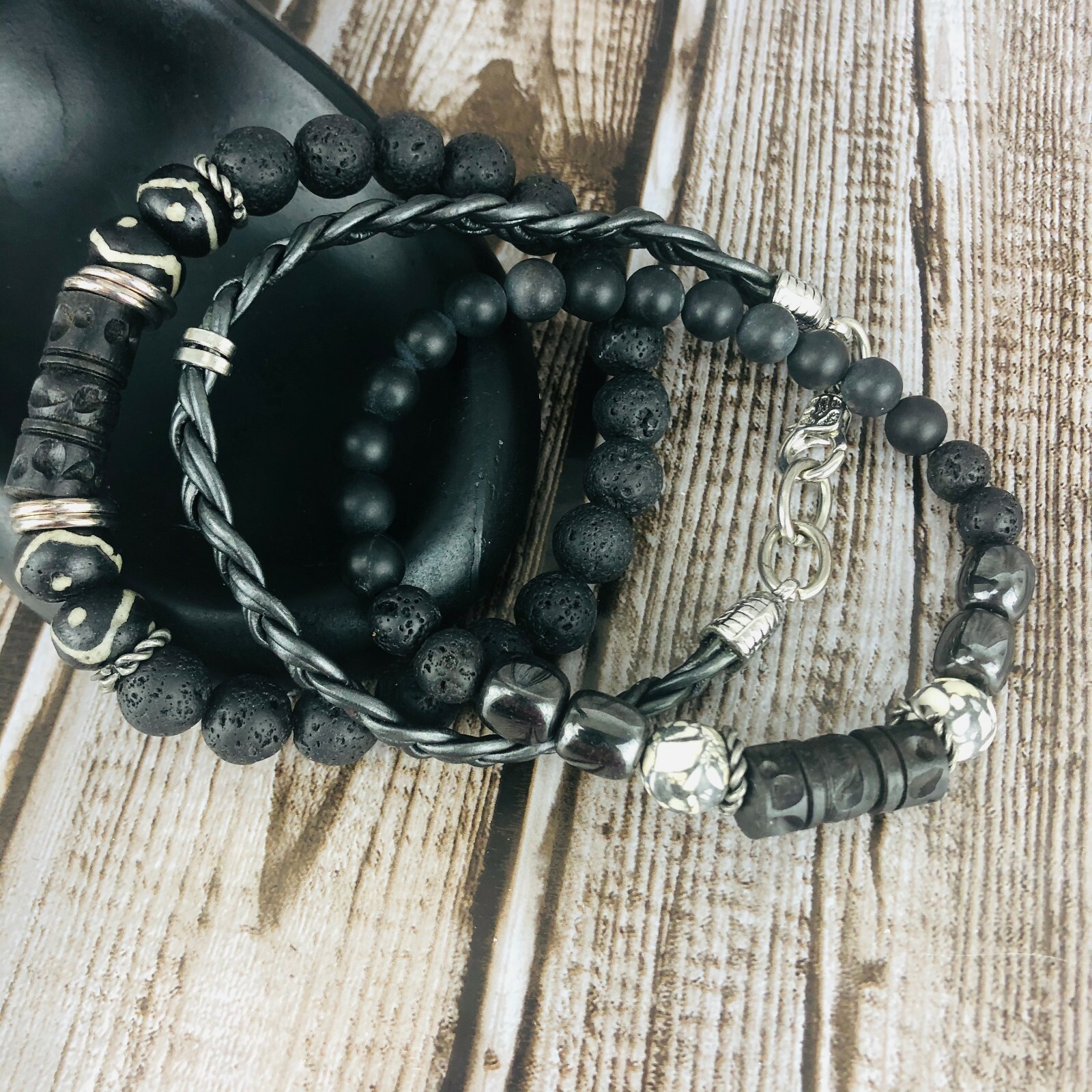 Braided Black Leather 3 Stack Silver Lava Bead Wood Hermatite Jasper Bracelet
