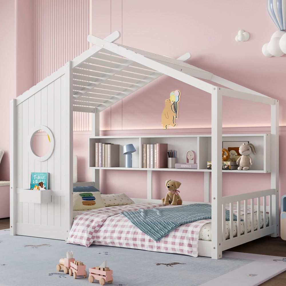 Twin/Full Size Floor House Bed Frame for Toddler with Storage Shelf, White/Grey