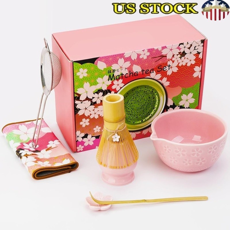 Complete 7 in 1 Cherry Blossom Matcha Set Bamboo Whisk Bowl Sieve Spoon Gift New