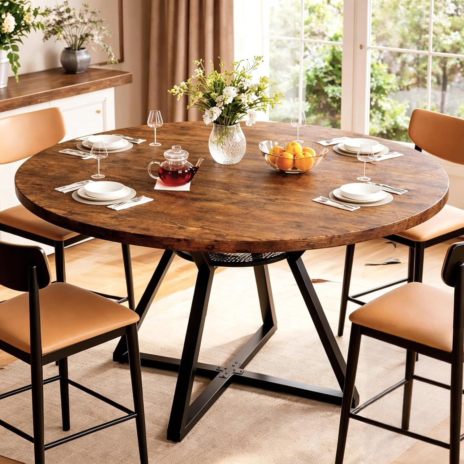 47" round Dining Room Table for 4-6,Circle Kitchen Dining Dinner Table with Pede