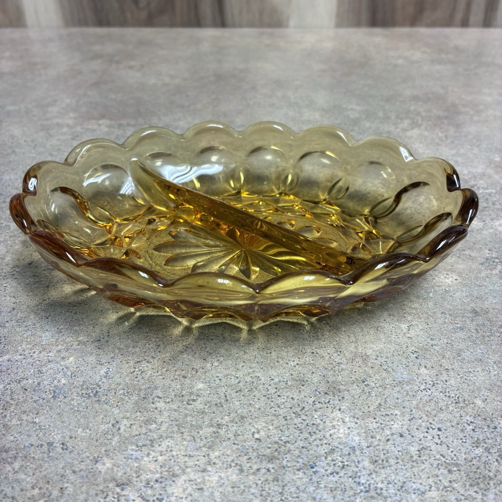 Vtg Anchor Hocking Fairfield Pattern Amber Divided Relish Dish W/Scalloped Edges