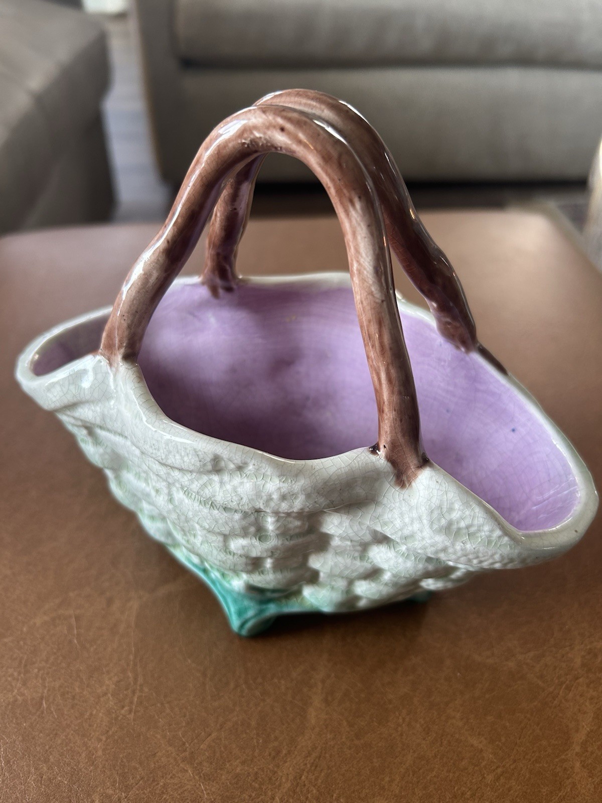 Majolica ceramic basket with twig handl