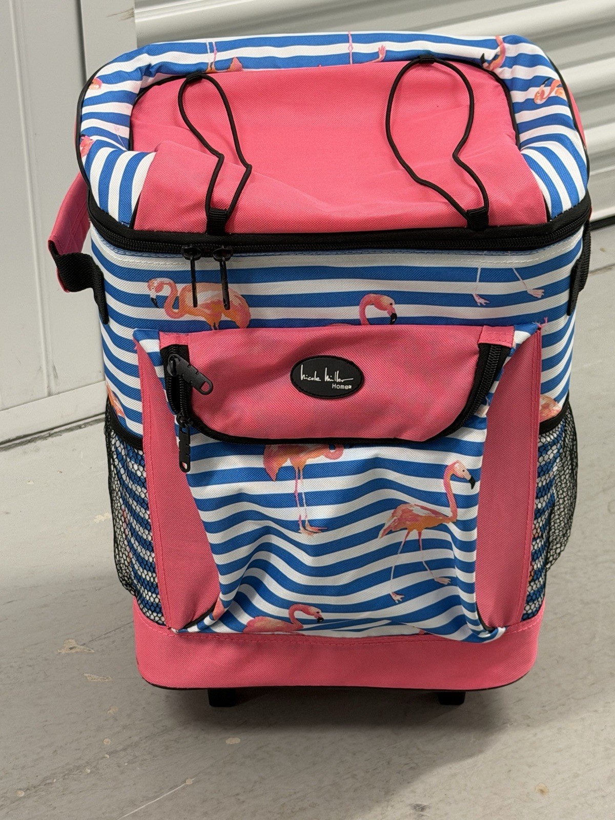 Nicole Miller Home Backpack Cooler Bag Pink Blue White Stripe Flamingo Passive